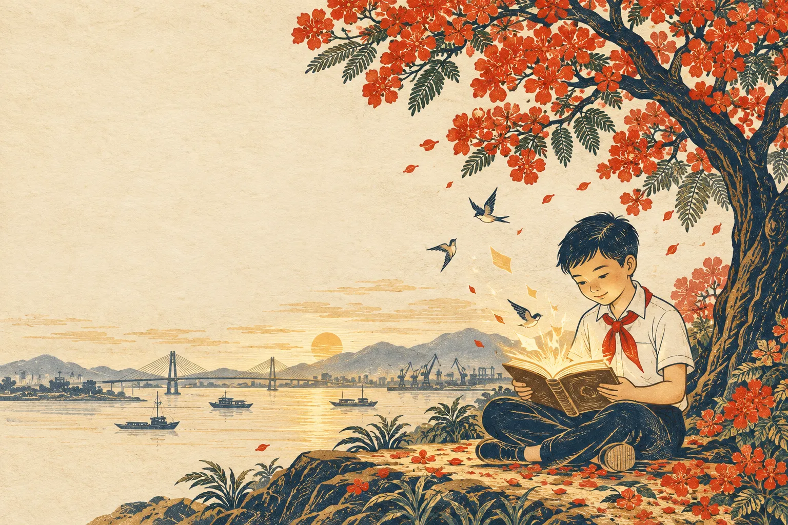 Tranh minh họa phong cách tranh dân gian: em nhỏ quàng khăn đỏ đọc sách dưới gốc phượng, phía xa là sông, cầu và cảng Hải Phòng lúc bình minh